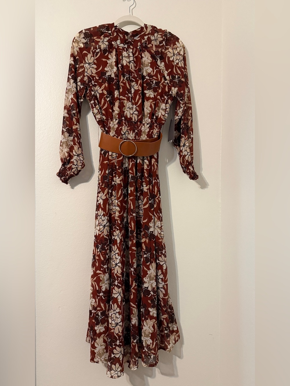 Lark & Ro Burnt Orange Floral Maxi Dress with Tan Belt